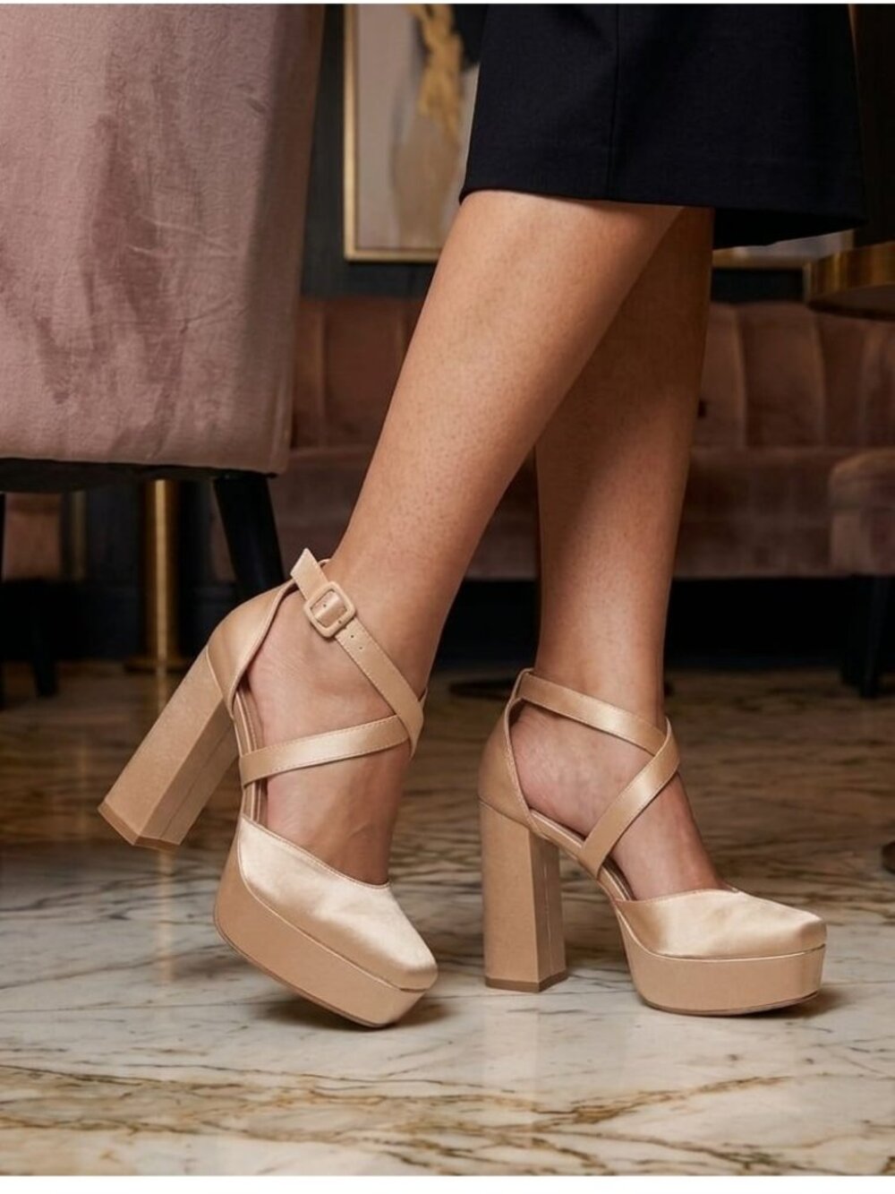 Block Heel Satin Platform Shoes With Cross-Strap Design Elegant Champagne Evenin
